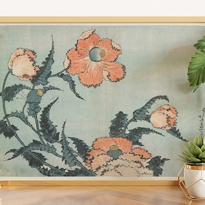 Poppies Katsushika Hokusai Print, Japanese Flowers Botanical Art, Japanese Wall Art, Hokusai Poster, Japanese Decor, Japanese Print, Ukiyo-e