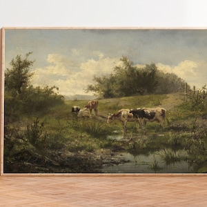Cows at a Pond Painting, Cows Painting, Country Landscape, Vintage Painting Farm, Vintage Farmhouse Decor, Antique Cow Painting, Country Art
