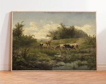 Cows at a Pond Painting, Cows Painting, Country Landscape, Vintage Farm Print, Vintage Farmhouse Decor, Antique Cow Painting, Country Art