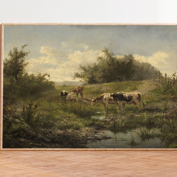 Peinture de vaches à un étang, peinture de vaches, paysage de campagne, impression de ferme vintage, décoration de ferme vintage, peinture de vache antique, art de campagne