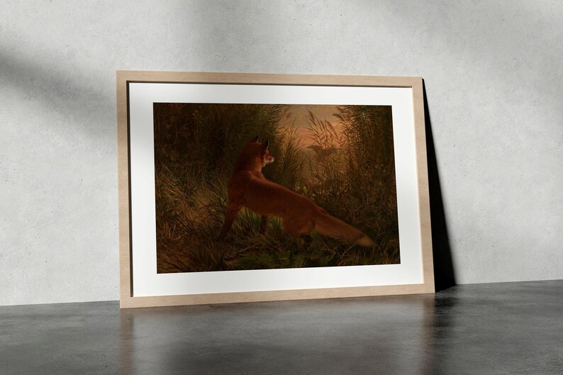 This moody antique painting of fox in earthtones will look lovely in your farmhouse living room, kitchen or cabin.