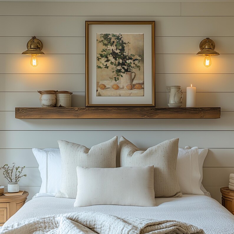 Floral and lemon still life wall art print displayed as vintage home decor. This reproduction features flowers and lemons arranged in a balanced classic composition with warm tones and refined detail, making it perfect for kitchens, breakfast nooks, gallery walls, or traditional interiors seeking timeless botanical artwork.