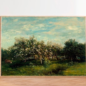 Paesaggio di fiori di melo, dipinto di fiori di melo primaverili, fiore di albero vintage, stampa d'arte di fattoria vintage, arte murale di fattoria, arredamento country