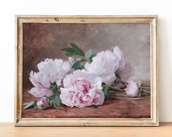 Vintage Pink Peonies Still Life Painting, Floral Wall Art Print
