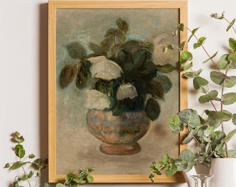 Neutral Still Life Roses Painting, Vintage Botanical Print, Farmhouse Decor, Floral Still Life Painting, Vintage Still Life Painting Flowers
