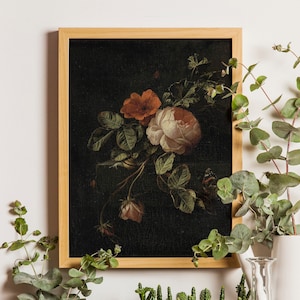Stimmungsvoller Rosendruck, Vintage Blumendruck, Stillleben mit Rosen, Antike Blumenmalerei, Academia Dekor, Düstere Wandkunst, Botanische Kunst