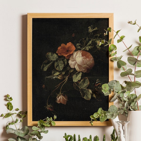 Pink Rose Print, Vintage Floral Print, Still Life with Roses, Antique Flower Painting, Dark Academia Decor, Moody Wall Art, Botanical Print