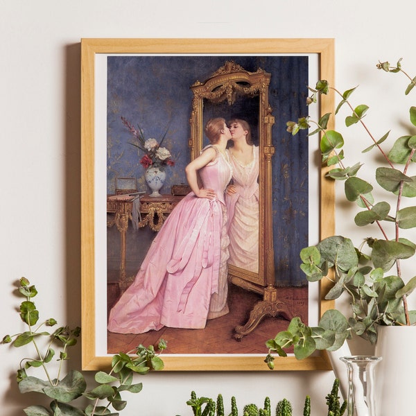 Femme regardant dans un miroir, impression de vanité, art mural vintage, portrait de femme, décoration murale ancienne, art mural mode, art femme, art portrait de femme