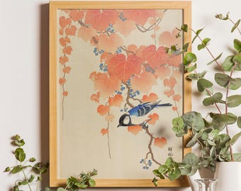 Vintage Japanese Bird Art Print, Autumnal Leaves, Ohara Koson Ukiyoe Poster