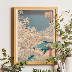 Vintage Japanese poster, Meguro Drum Bridge and Sunset Hill 1857, Utagawa Hiroshige Poster Ukiyo-e Poster Japanese Art Hiroshige Print