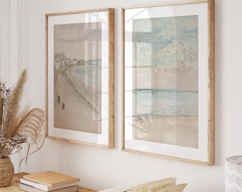 Coastal Watercolor Print Set: Blue Gray Beach Art, Vintage Decor