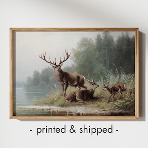 Rustikale Hirsch Malerei, Vintage Landschaftsmalerei, Cabin Decor, Geschenk für Jäger, GEDRUCKT, Jagd Wandkunst, Jagd Hirsch Kunst, Hirsch Malerei
