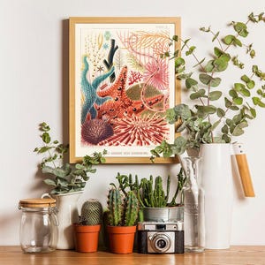 Vintage Coral Reef Print, Marine Life Illustration, Coastal Bathroom Art image 2