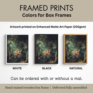 Fragonard The Swing giclée print framed print options, hand-stained wooden box frame colours white black natural, enhanced matte art paper 200gsm, with or without mat, fully assembled ready to hang French Rococo wall art