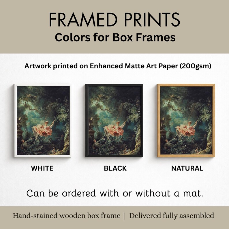 Fragonard The Swing giclée print framed print options, hand-stained wooden box frame colours white black natural, enhanced matte art paper 200gsm, with or without mat, fully assembled ready to hang French Rococo wall art