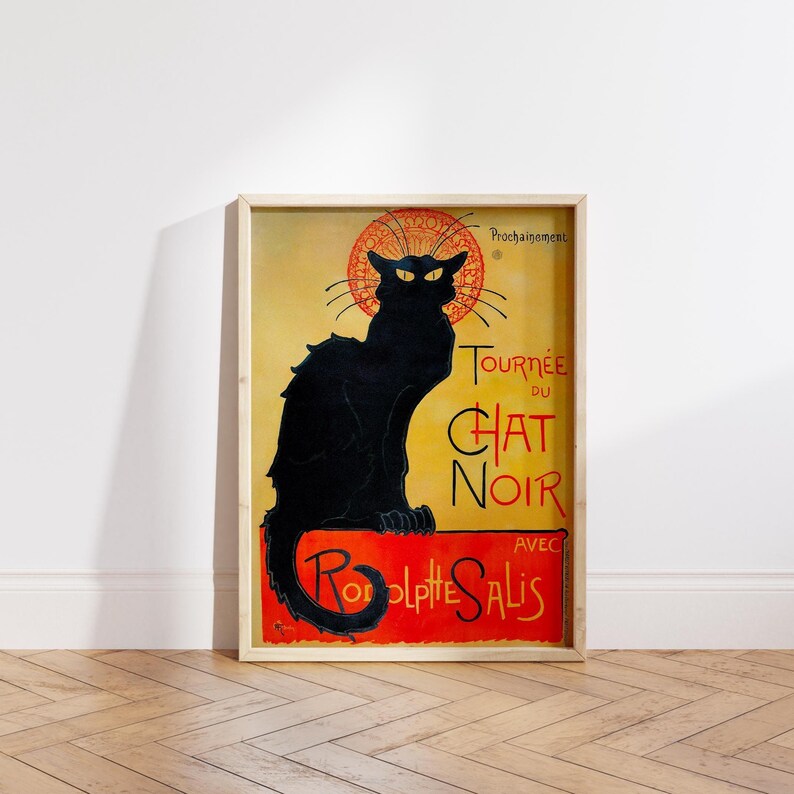Art Nouveau Black Cat Wall Art Chat Noir print in vintage wall art poster style. Retro poster featuring elegant black cat art on yellow and red background adds charm to living room or bedroom. Unique animal poster and cat poster decor perfect for vintage lovers, blending classic French design with bold feline character. Ideal black cat art for gallery wall, office, or as a stylish gift.