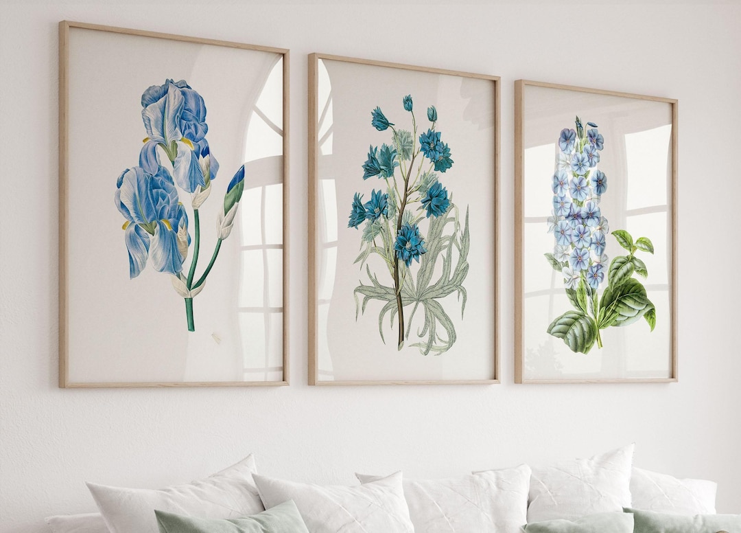 Blue Floral Botanical Wall Art Prints Set of 3 - Etsy