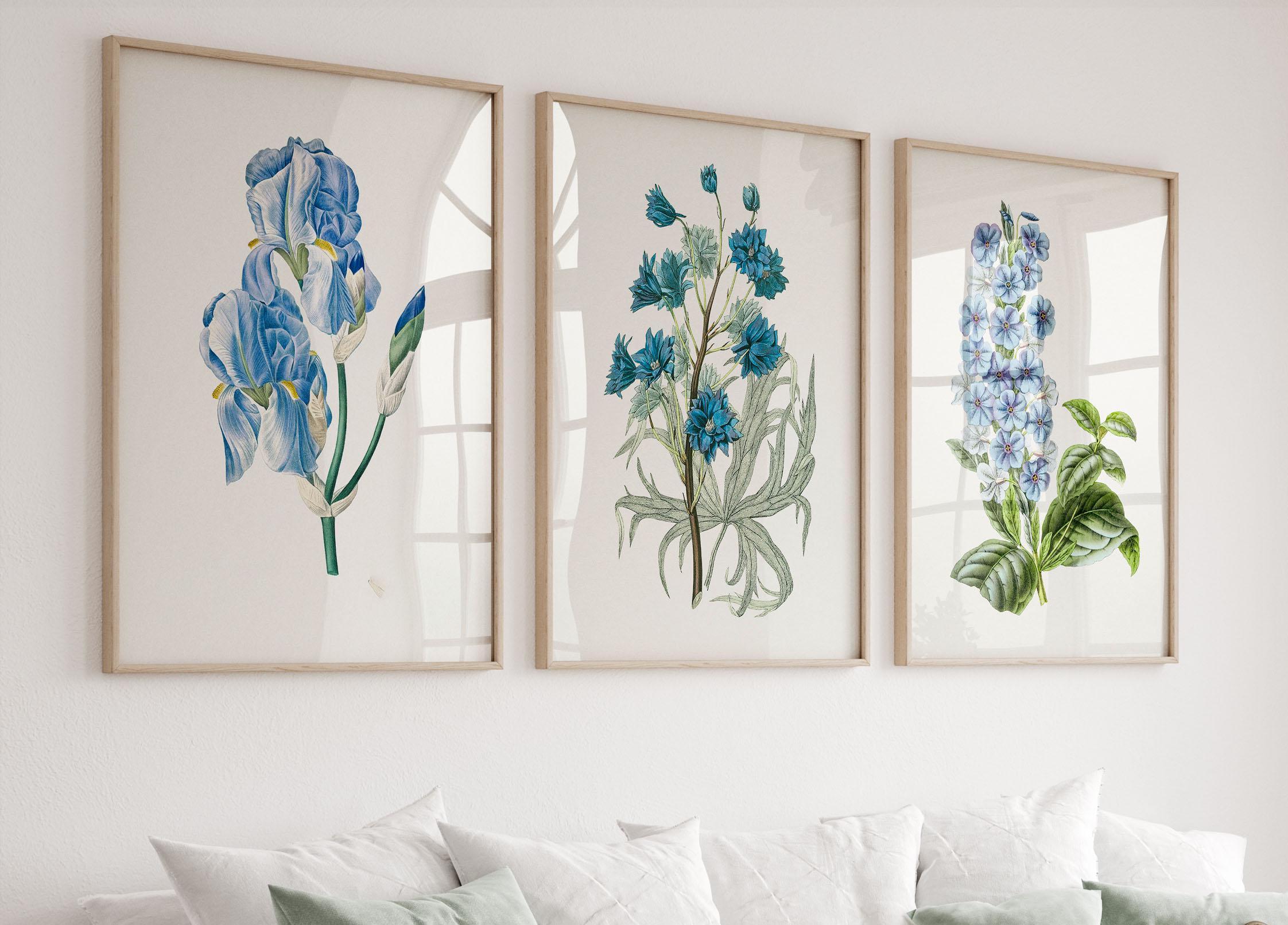 Blue Floral Botanical Wall Art Prints Set of 3 - Etsy