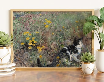 Vintage Cat Painting: Wildflower Meadow, Bruno Liljefors Reprint