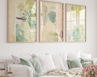 Green Pink Abstract Watercolor Art Prints Set: Modern Gallery Wall
