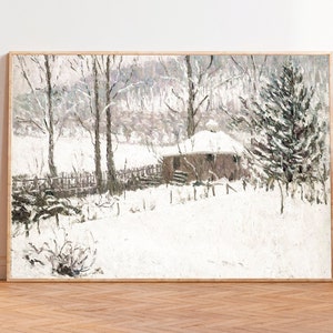 Winter Cabin Vintage Painting, Neutral Winter Landscape Art, Rustic Holiday Decor Print, Winter Wall Art, Snowy Landscape Art, Canvas Print