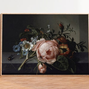 Moody Vintage Flower Print, Antique Rose Painting PRINTED, Pink Rose Art Print, Dark Academia Decor, Moody Floral Wall Art, Still Life Rose