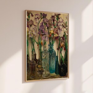 Vintage floral art print reproduction of Frederick Judd Waugh’s 1922 painting Rum Row, featuring an elegant still life arrangement of flowers in classic vases. The artwork showcases soft painterly brushstrokes, muted antique tones, and timeless botanical composition, styled as traditional wall art suitable for living rooms, bedrooms, or vintage-inspired home decor.
