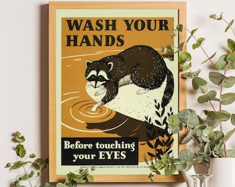 Vintage Wash Your Hands sign, Bathroom poster, Retro bathroom art print, Bathroom wall art, Raccoon, Woodland animals, Public health poster