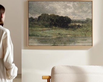 Vintage River Landscape Print: Muted Tonal Farmhouse Wall Art