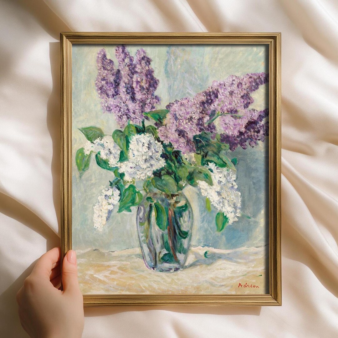 Lilac Bouquet in Glass Vase Print, Impressionist Floral Wall Art ...