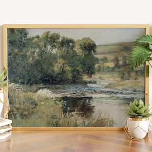 Stampa di paesaggio estivo vintage, stampa d&#39;arte antica sul fiume, STAMPATA E SPEDITA, dipinto antico di campagna estiva, stampa di paesaggio di campagna
