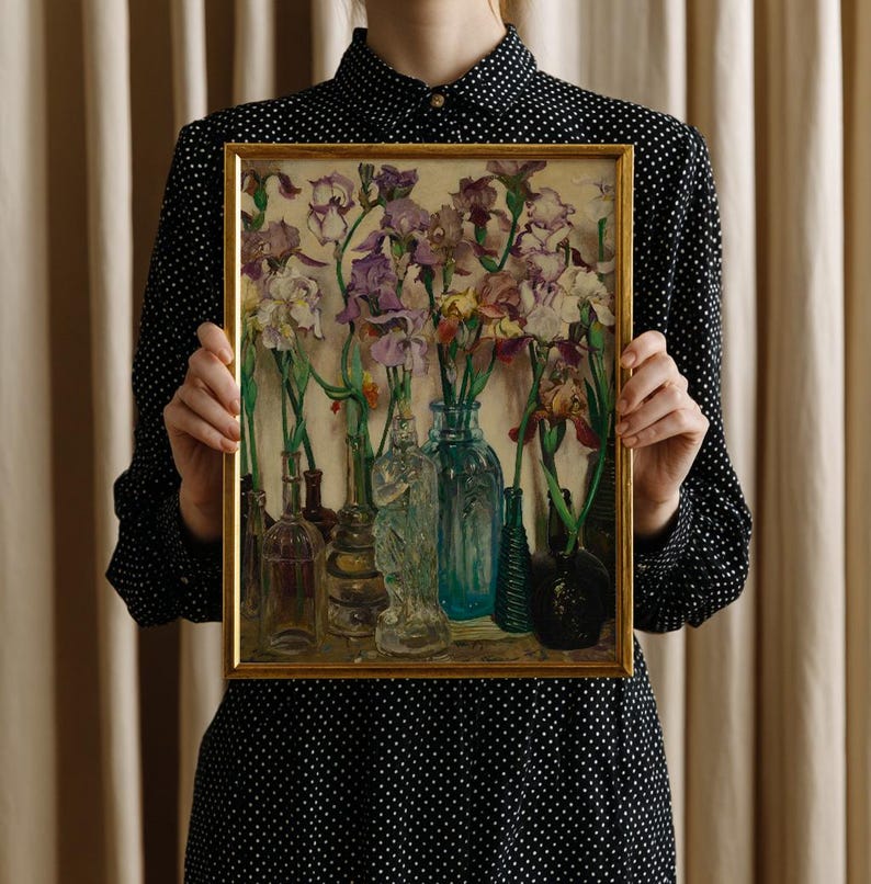 Vintage floral art print reproduction of Frederick Judd Waugh’s 1922 painting Rum Row, featuring an elegant still life arrangement of flowers in classic vases. The artwork showcases soft painterly brushstrokes, muted antique tones, and timeless botanical composition, styled as traditional wall art suitable for living rooms, bedrooms, or vintage-inspired home decor.