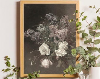 Vintage Lilac & Rose Still Life Art Print: Moody Cottage Decor