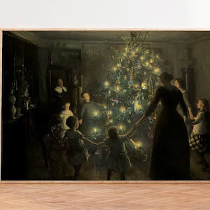 Vintage Dancing around Christmas Tree, Christmas Art Print, Holiday Decor, Vintage Winter Painting, Vintage Christmas Tree Art, Holiday Art