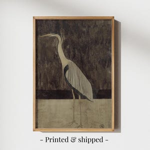 Vintage Heron Bird Print: Muted Coastal Japandi Wall Art