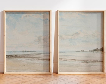 Muted Coastal Print Set of 2, Vintage Beach Painting, Seaside Wall Art
