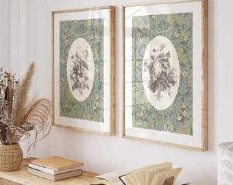 Vintage William Morris Floral Print Set: Sage Green Botanical Art