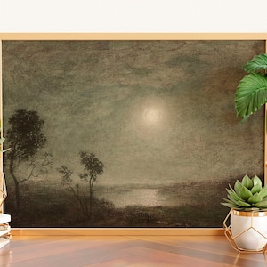 Moonlight Painting, Moody Landscape Wall Art, Antique Night Painting Print, Moody Dark Night Art, Dark Landscape Painting, Moonlight Art