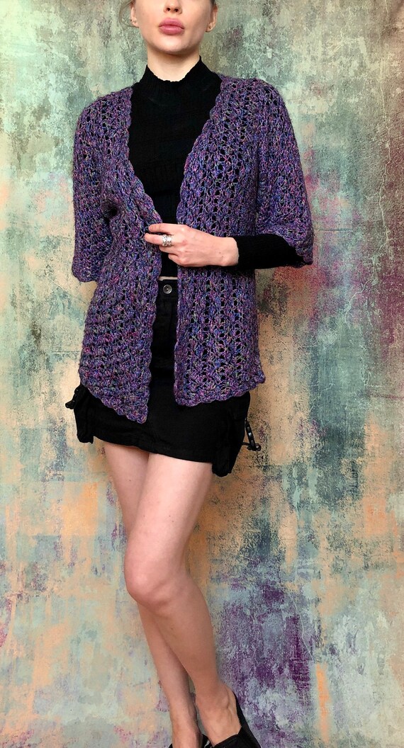 Crochet Mesh Cardigan, Purple Duster, Violet Card… - image 2