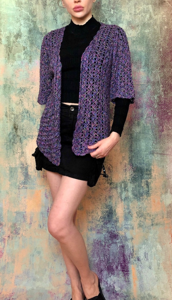 Crochet Mesh Cardigan, Purple Duster, Violet Card… - image 1