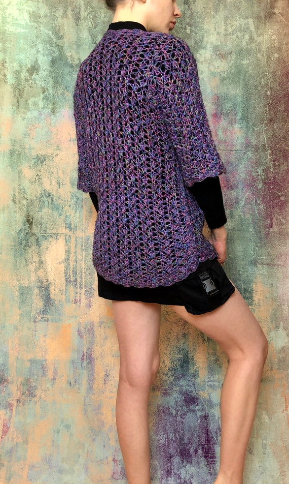 Crochet Mesh Cardigan, Purple Duster, Violet Card… - image 4