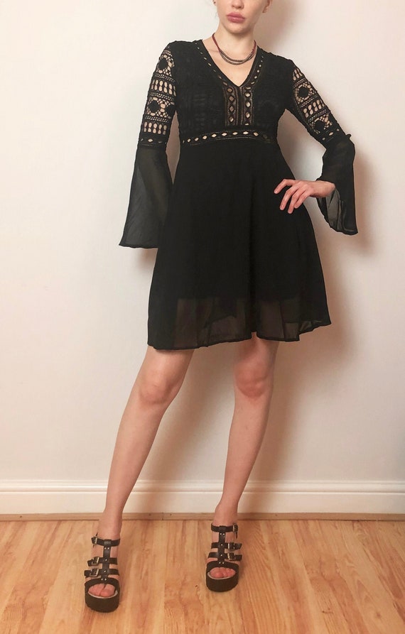 Black Lace Dress, Vintage Black Dress, Bell Sleeve