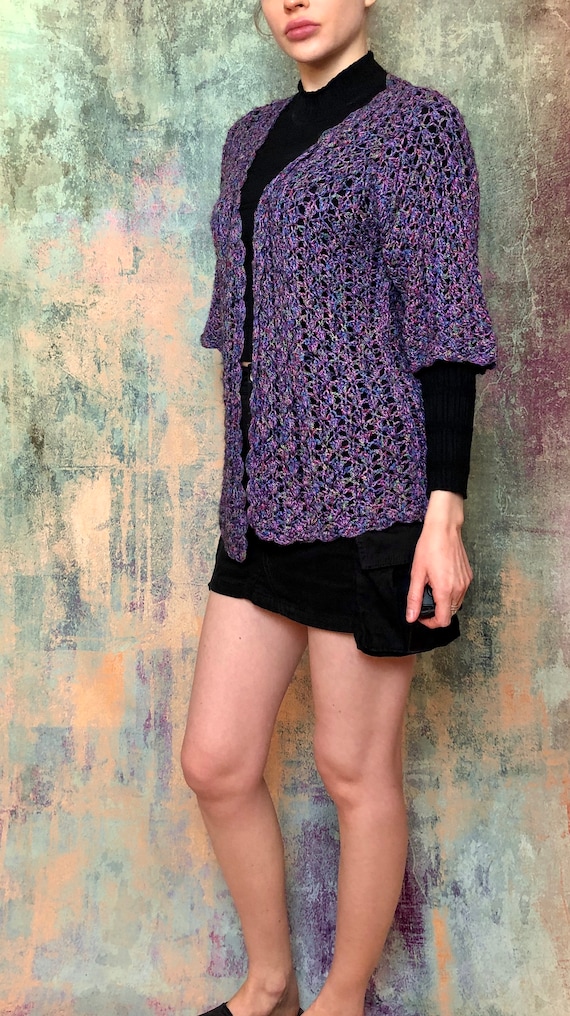 Crochet Mesh Cardigan, Purple Duster, Violet Card… - image 7