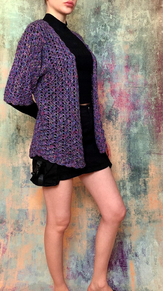 Crochet Mesh Cardigan, Purple Duster, Violet Card… - image 3