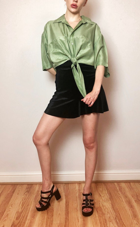 Silk Green Shirt, Vintage Oversized Shirt, Tie Up