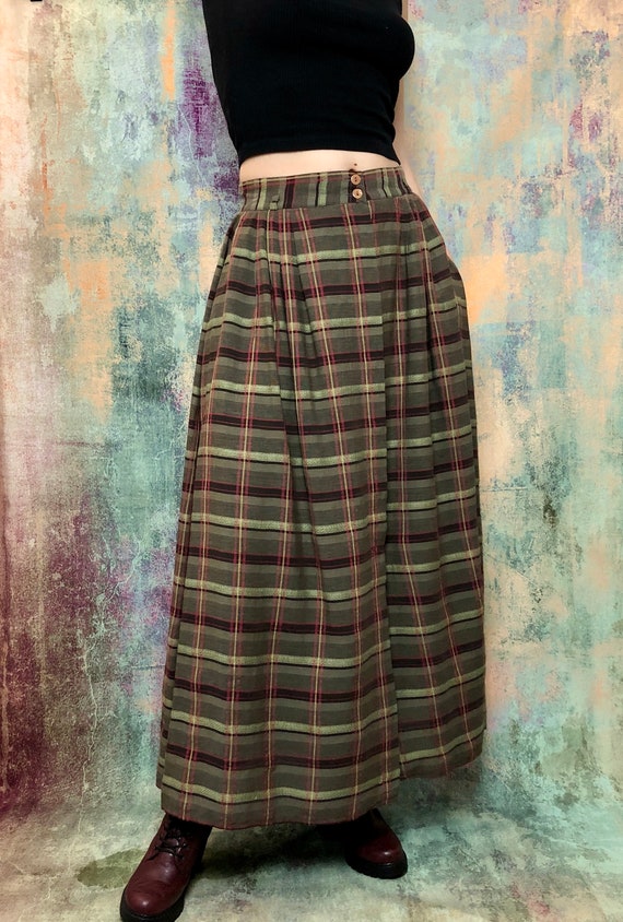 Vintage Green Skirt, Long Vintage Skirt, Checked P