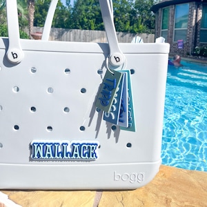 Puede incluir: Un bolso tote gris claro con asas blancas y el nombre "WALLACE" en letras azules. El bolso tiene una serie de peque&ntilde;os agujeros y una etiqueta que dice "TRIPP". El bolso est&aacute; cerca de una piscina en un d&iacute;a soleado.