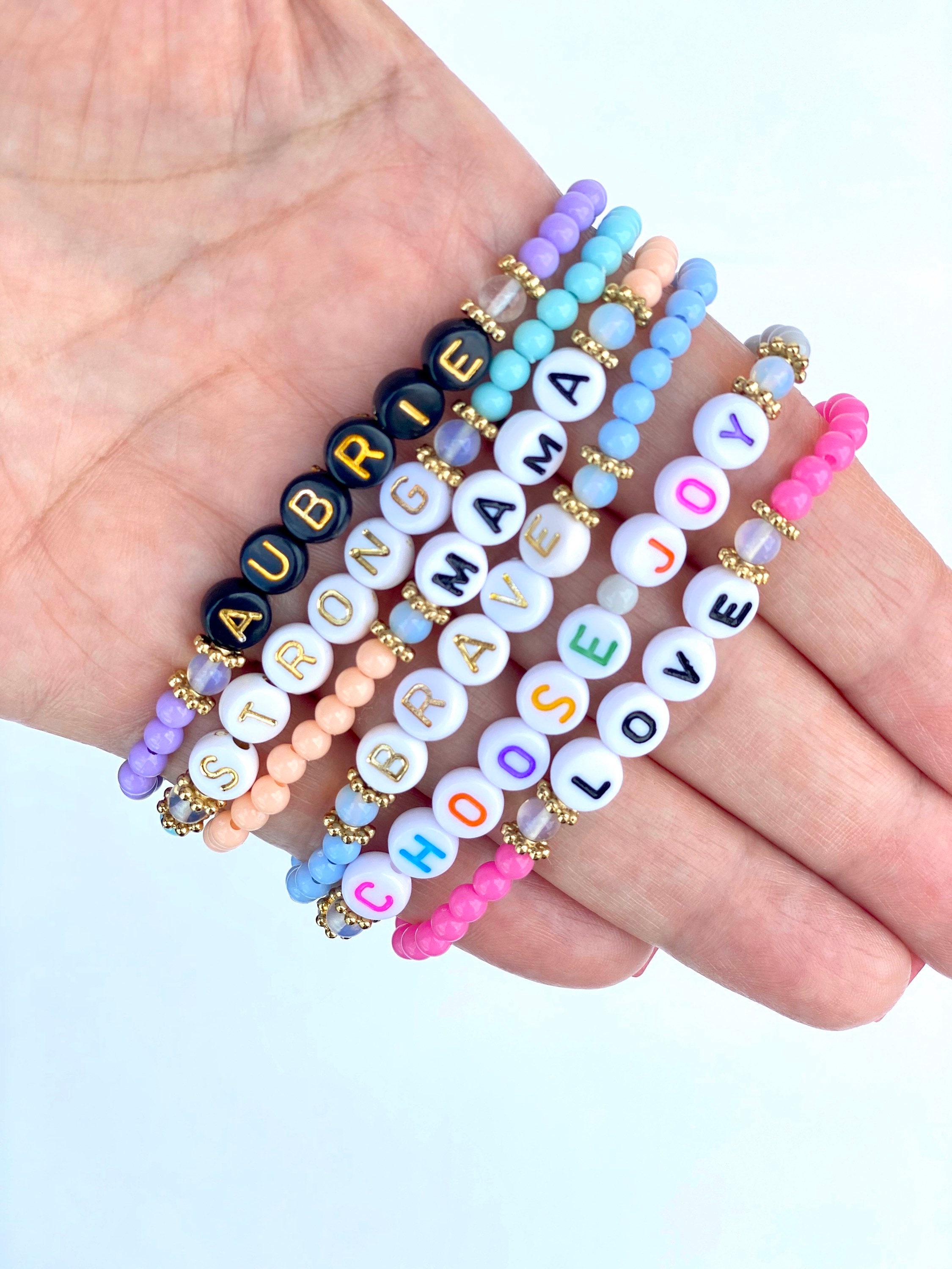 Personalized Beaded Stretch Bracelet-stackable-id Bracelet-white Letter  Beads-4mm Czech Glass Multicolor Opaque and Striped Mix-letter Bead 