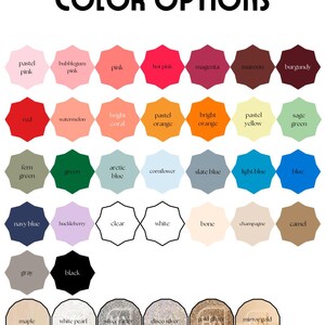 Puede incluir: Una carta de colores que muestra opciones de color acr&iacute;lico. La carta presenta una variedad de colores, incluyendo rosas, naranjas, verdes, azules y neutros. El texto "ACRYLIC COLOR OPTIONS" est&aacute; en la parte superior, con "EM GEMS CREATIONS" en la parte inferior.