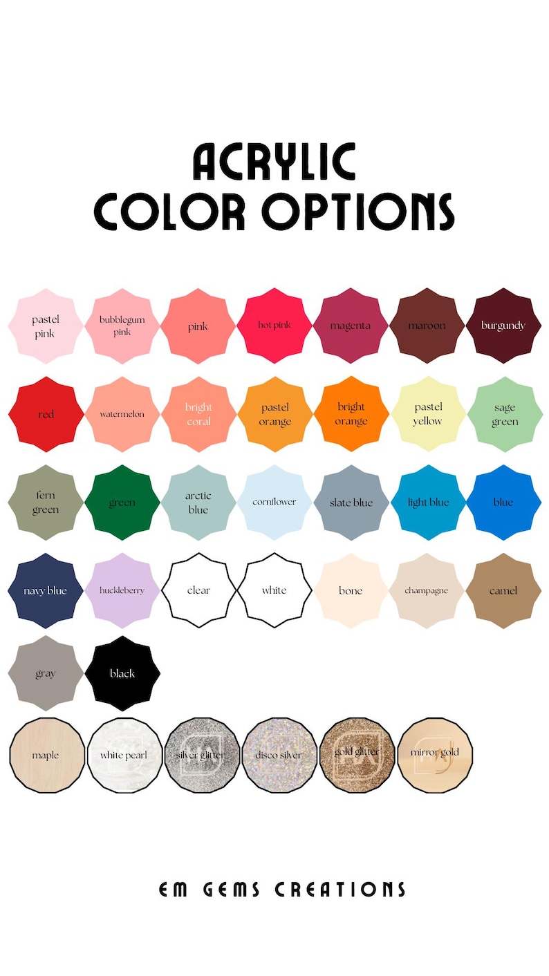 Puede incluir: Una carta de colores que muestra opciones de color acr&iacute;lico. La carta presenta una variedad de colores, incluyendo rosas, naranjas, verdes, azules y neutros. El texto "ACRYLIC COLOR OPTIONS" est&aacute; en la parte superior, con "EM GEMS CREATIONS" en la parte inferior.